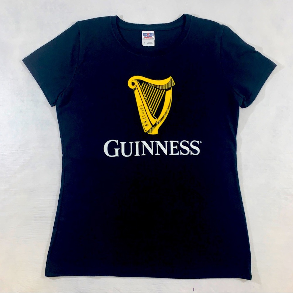 Guinness Classic Harp Logo Women's T-Shirt Size Large Black Golden Harp